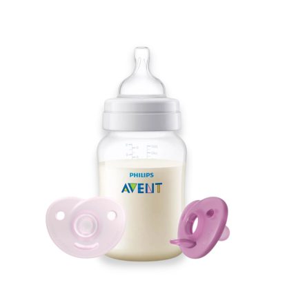 Imagen 1 de 1 de Set Mamadera Avent Anticolic 260ml + 2 Chupetes Avent Soothie