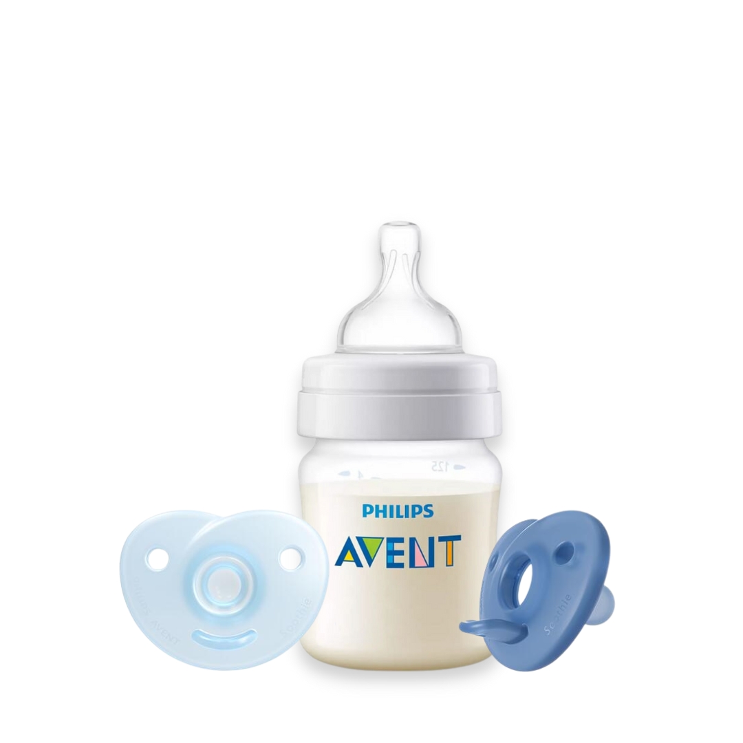 Set Mamadera Avent Anticolic 125ml + 2 Chupetes Avent Soothie Rn