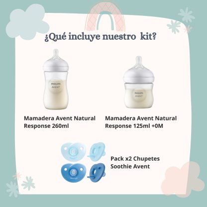 Imagen 2 de 6 de Set Mamaderas Avent Natural 125ml y 260ml + 2 Chupetes Avent Soothie