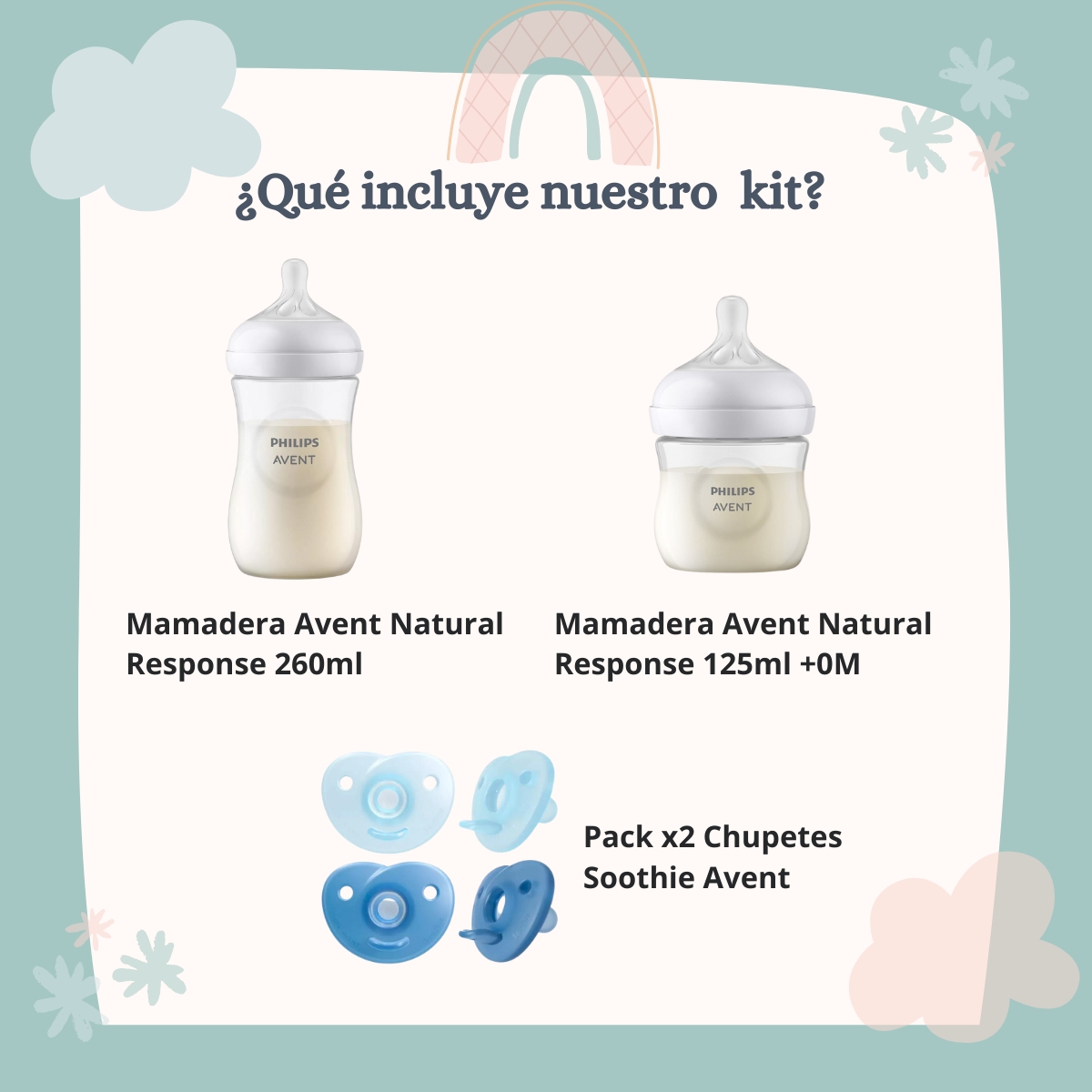 Imagen 2 de 6 de Set Mamaderas Avent Natural 125ml y 260ml + 2 Chupetes Avent Soothie