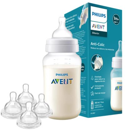 Imagen 1 de 7 de Set Mamadera Avent Anticolic 260ml + 4 Tetinas Todas Las Etapas