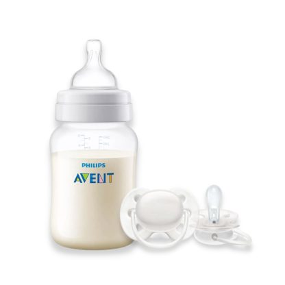 Imagen 1 de 1 de Set Mamadera Avent Anticolic 260ml + Chupete Avent Ultra Soft Unisex Rn