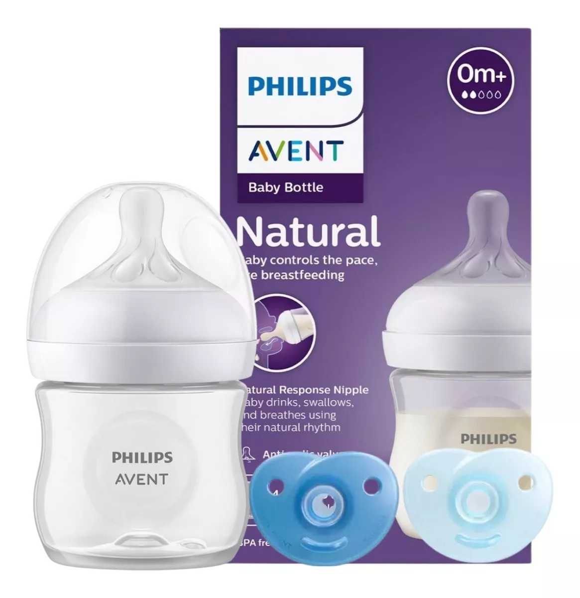 Imagen 1 de 1 de Set Mamadera Avent Natural 125ml + 2 Chupetes Avent Soothie
