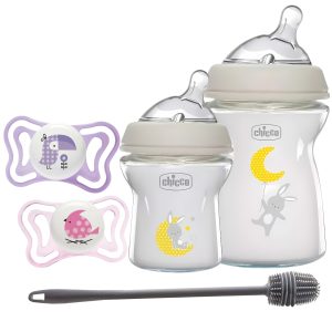 set Mamadera Chicco 150ml / 250ml vidrio nuevo diseño + chupete + cepillo