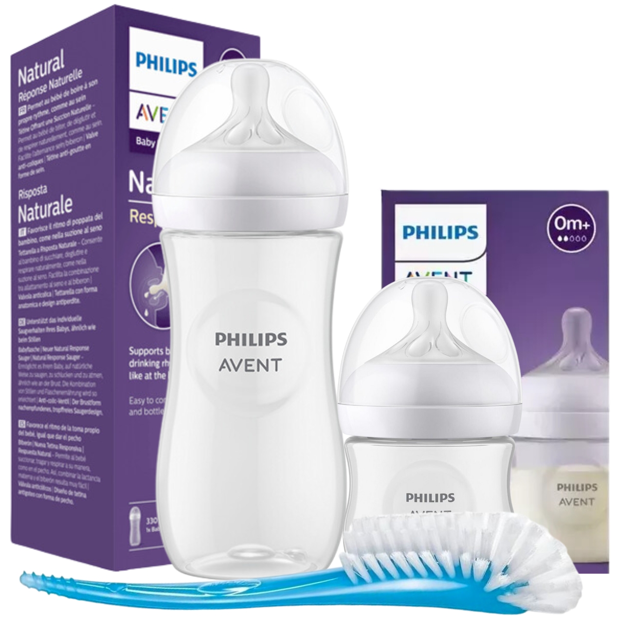 Imagen 1 de 5 de Mamaderas Avent Natural Response 125ml + Natural 330ml Libre Bpa Y Cepillo