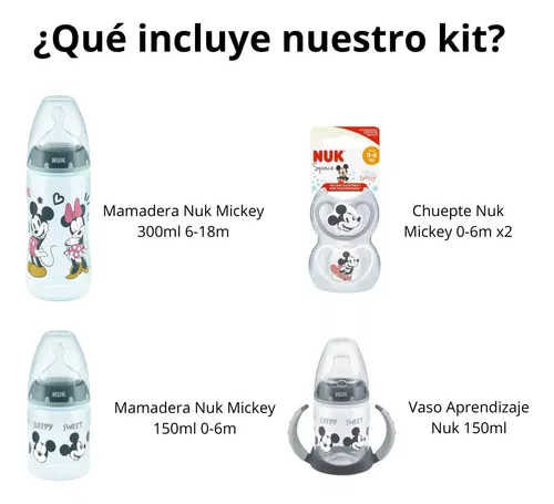 Imagen 2 de 9 de Set Nuk Disney Mickey 4 Piezas Mamadera Vaso Chupete 0-6m+