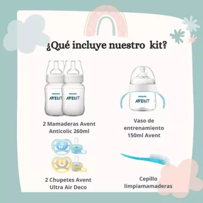 Imagen 2 de 9 de Set Recien Nacido Avent Anticolic Chupete Mamaderas Cepillo