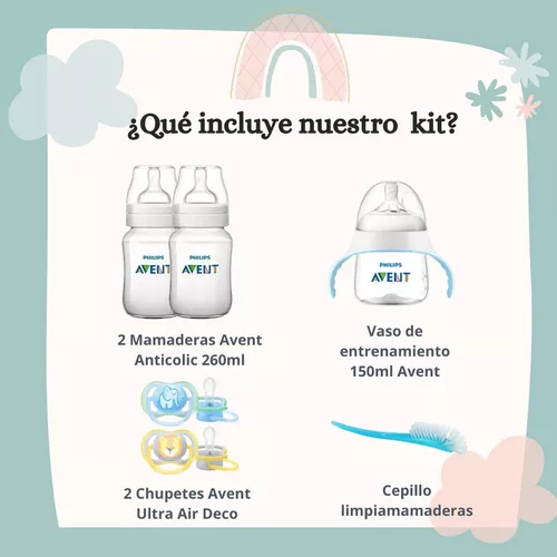 Imagen 2 de 9 de Set Recien Nacido Avent Anticolic Chupete Mamaderas Cepillo