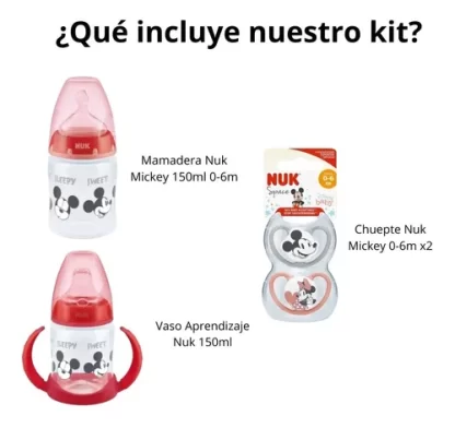 Imagen 2 de 8 de Set Nuk Mickey Bebe Recien Nacido 0-6m Mamadera Vaso Chupete