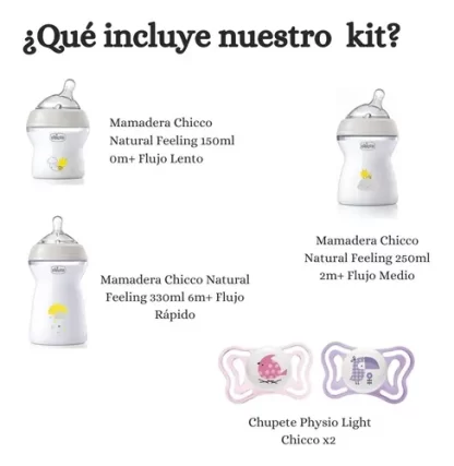 Imagen 2 de 6 de Set Mamaderas Chicco Combo X3 150ml 250ml 330ml Y Chupete X2