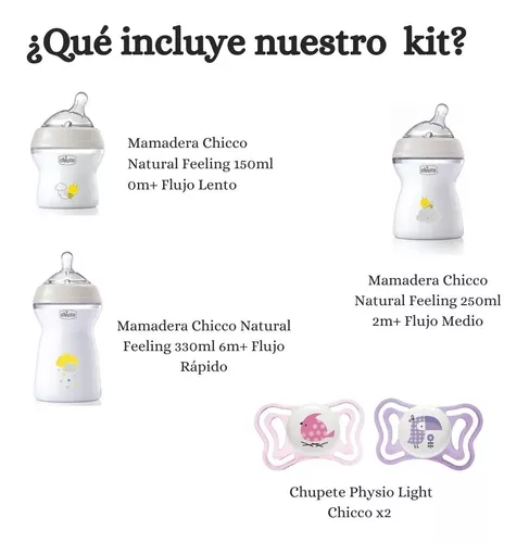 Imagen 2 de 6 de Set Mamaderas Chicco Combo X3 150ml 250ml 330ml Y Chupete X2