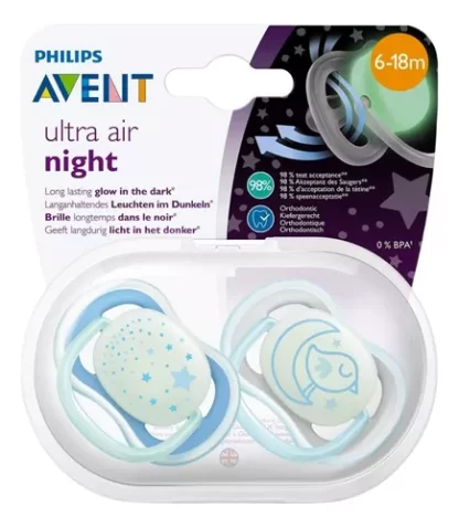 Imagen 4 de 7 de Set 3 Mamaderas Anticolic 2 Chupetes Night-time 6-18m Avent