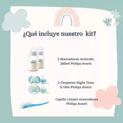 Imagen 2 de 4 de Set Mamaderas Anticolic 260ml Chupete Night Time 6-18m Avent