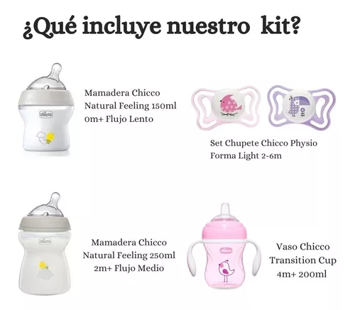 Imagen 2 de 9 de Set Bebe Chicco Mamaderas Natural Feeling, Vaso, Chupete