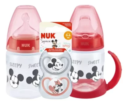 Imagen 1 de 8 de Set Nuk Mickey Bebe Recien Nacido 0-6m Mamadera Vaso Chupete