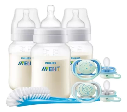 Imagen 1 de 7 de Set 3 Mamaderas Anticolic 2 Chupetes Night-time 6-18m Avent
