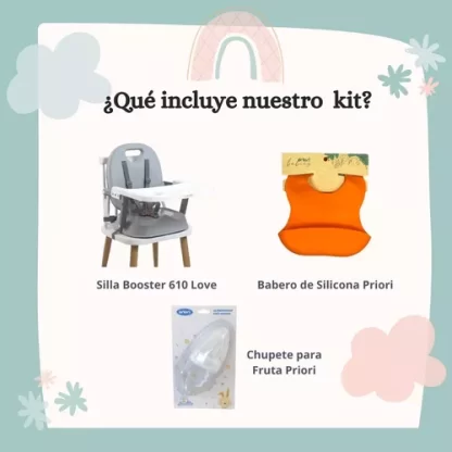 Imagen 2 de 9 de Set Silla Comer Bebe Booster Babero Silicona Chupete Fruta