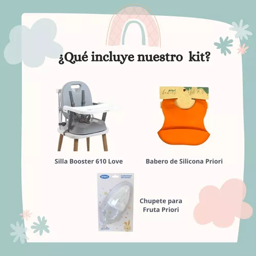 Imagen 2 de 9 de Set Silla Comer Bebe Booster Babero Silicona Chupete Fruta
