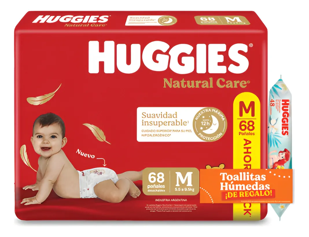 Imagen 1 de 7 de Pañales Huggies Natural Care M x 68 unidades + Toallitas Humedas x48u de regalo
