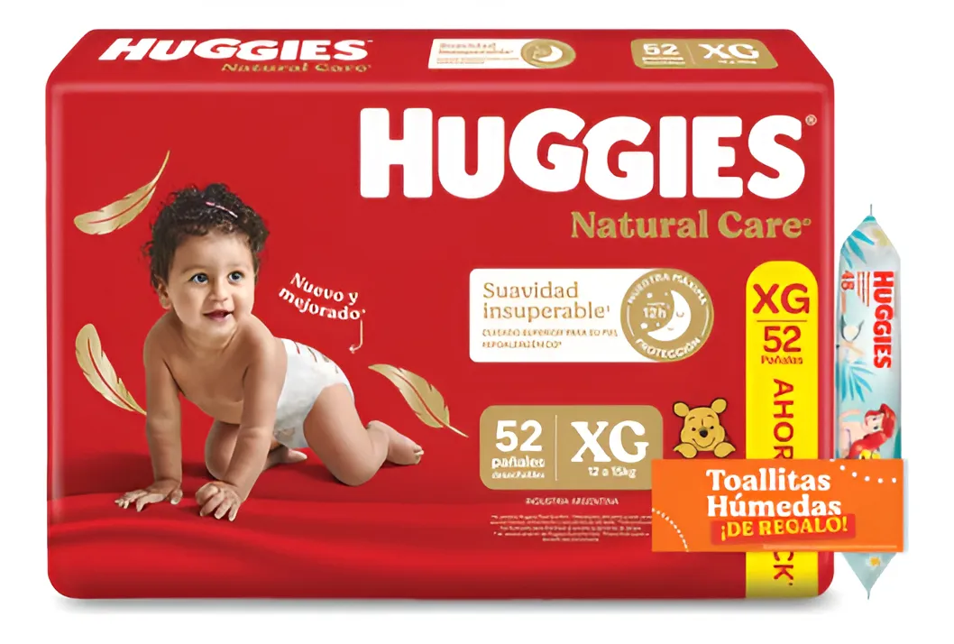 Imagen 1 de 6 de Pañales Huggies Natural Care XG x 52 unidades + Toallitas Humedas x48u de regalo