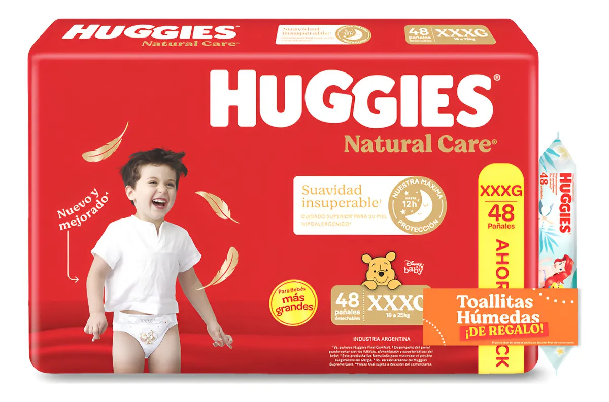 Imagen 1 de 7 de Pañales Huggies Natural Care XXXG x 48 unidades + Toallitas Humedas x48u de regalo
