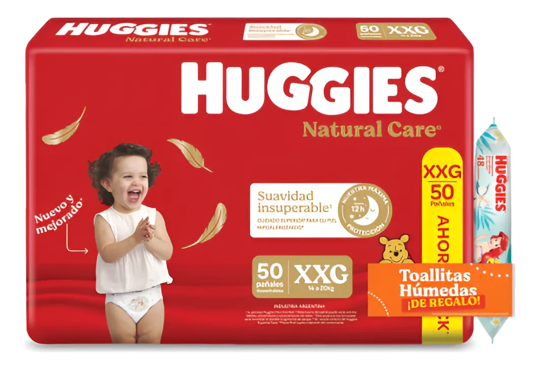Imagen 1 de 7 de Pañales Huggies Natural Care XXG x50 unidades + Toallitas Humedas x48u de regalo