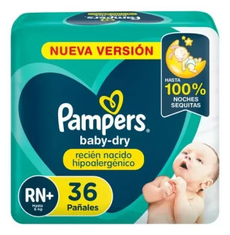 Imagen 1 de Pampers Baby Dry Recién Nacido Hipoalergénico, Pañales Desechables Talle Rn+ 36 Unidades