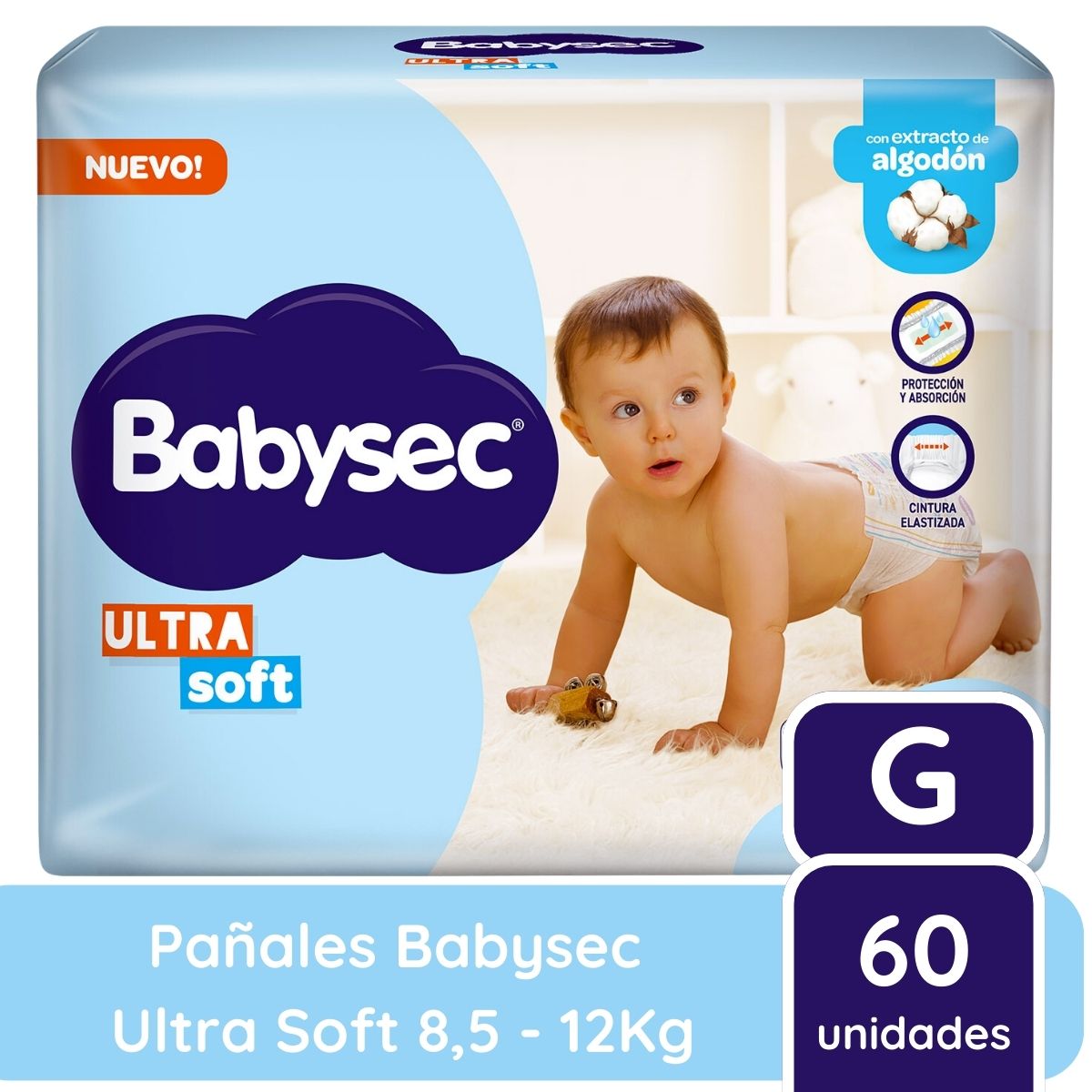 Imagen 1 de 2 de Pañales Babysec Ultra Soft Talle G x60 unidades 8,5 a 12 kilos