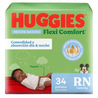 Pañales Huggies Flexi Comfort talle Recién Nacido (RN) de 34 unidades