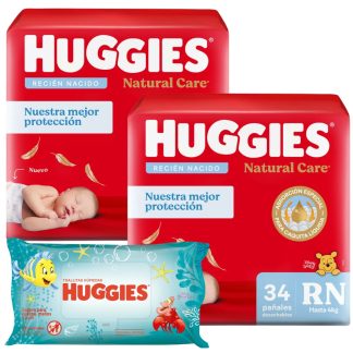 combo 2 pañales huggies natural care talle recien nacido (RN) 34 unidades + toallitas humedas huggies sirenita x 48 unidades