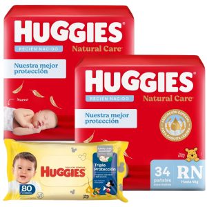 combo 2 pañales huggies natural care talle recien nacido (RN) 34 unidades + toallitas humedas huggies triple protección x 80 unidades