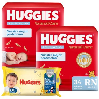 Imagen 1 de 4 de 68 Pañales Huggies Recien Nacido (RN) + Toallitas Húmedas Huggies Triple Protección x80u