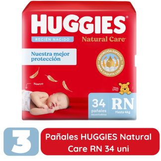 combo 3 pañales huggies natural care talle recien nacido (RN) 34 unidades