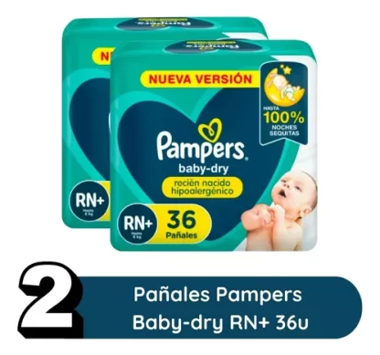 Imagen 2 de 8 de Set 2 Pack Pañales Pampers Babydry Recien Nacido Rn+ 72 unidades
