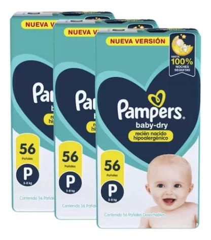 Imagen 1 de 8 de Combo 3 Pack Pañales Bebe Pampers Babydry Pequeño Talle P 168 unidades