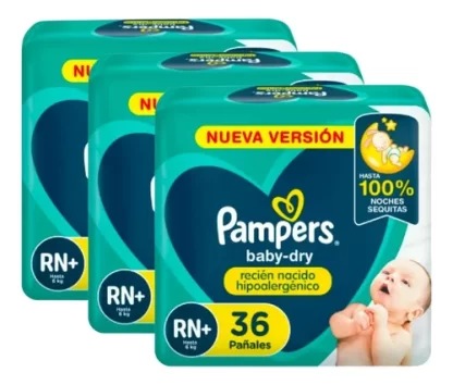 Imagen 1 de 7 de Set 3 Pack Pañales Pampers Babydry Recien Nacido Rn+ 108 unidades