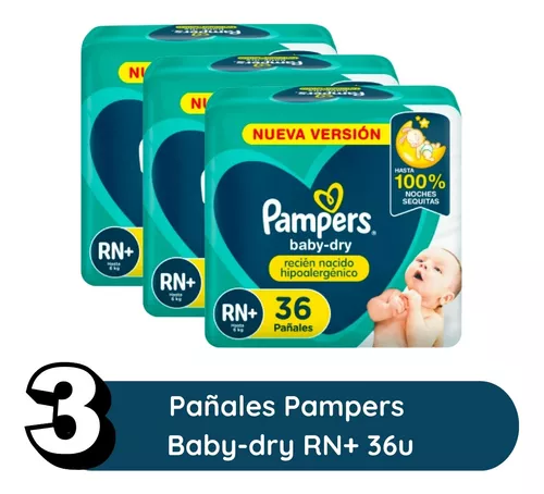 Imagen 2 de 7 de Set 3 Pack Pañales Pampers Babydry Recien Nacido Rn+ 108 unidades