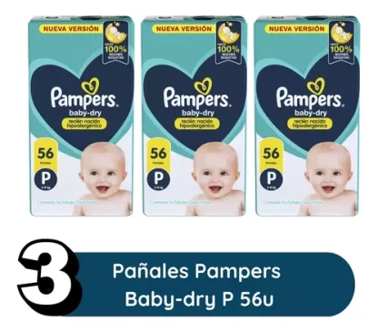 Imagen 2 de 8 de Combo 3 Pack Pañales Bebe Pampers Babydry Pequeño Talle P 168 unidades