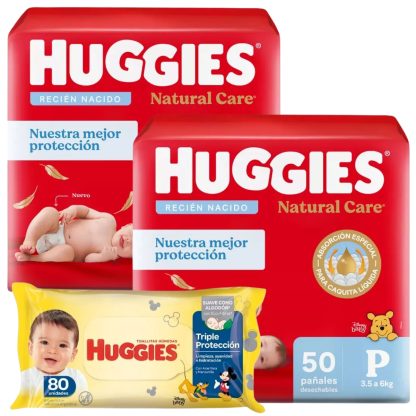 Imagen 1 de 4 de Pack X2 Pañales Huggies Talle P + Toallitas Humedas X80u