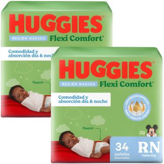 combo pañales huggies flexi comfort recien nacido (rn) de 34 unidades