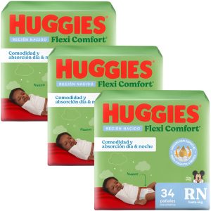 combo 3 pañales huggies flexi comfort recien nacido (rn) de 34 unidades