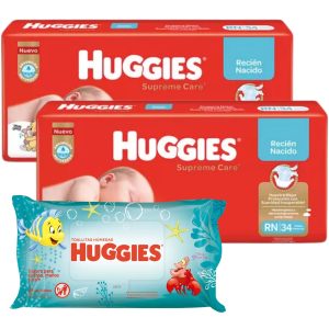 combo 2 huggies supreme care Rn 34 unidades Recien nacido + Toallitas humedas huggies Edicion Disney