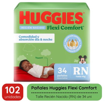 Imagen 2 de 6 de Combo 3 pack Huggies Flexi Comfort Recien Nacido Rn 102 unidades Xtra Flex