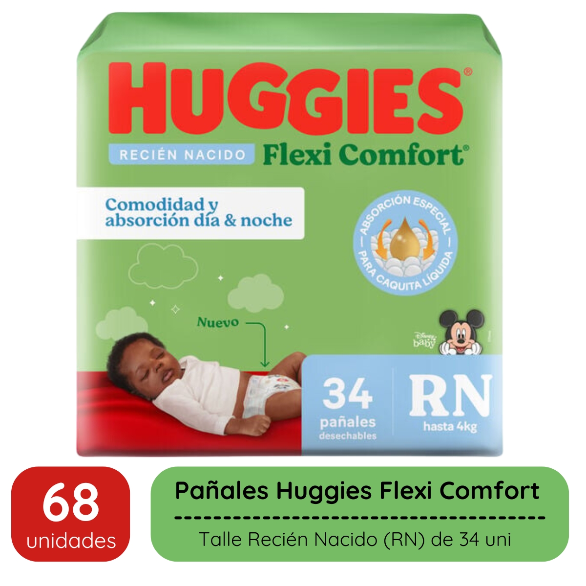 Imagen 5 de 6 de Combo 2 Pack Huggies Flexi Comfort Recien Nacido Rn 68 unidades Xtra Flex