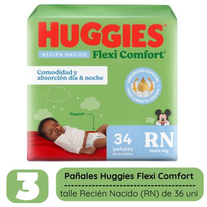 Imagen 3 de 6 de Combo 3 pack Huggies Flexi Comfort Recien Nacido Rn 102 unidades Xtra Flex