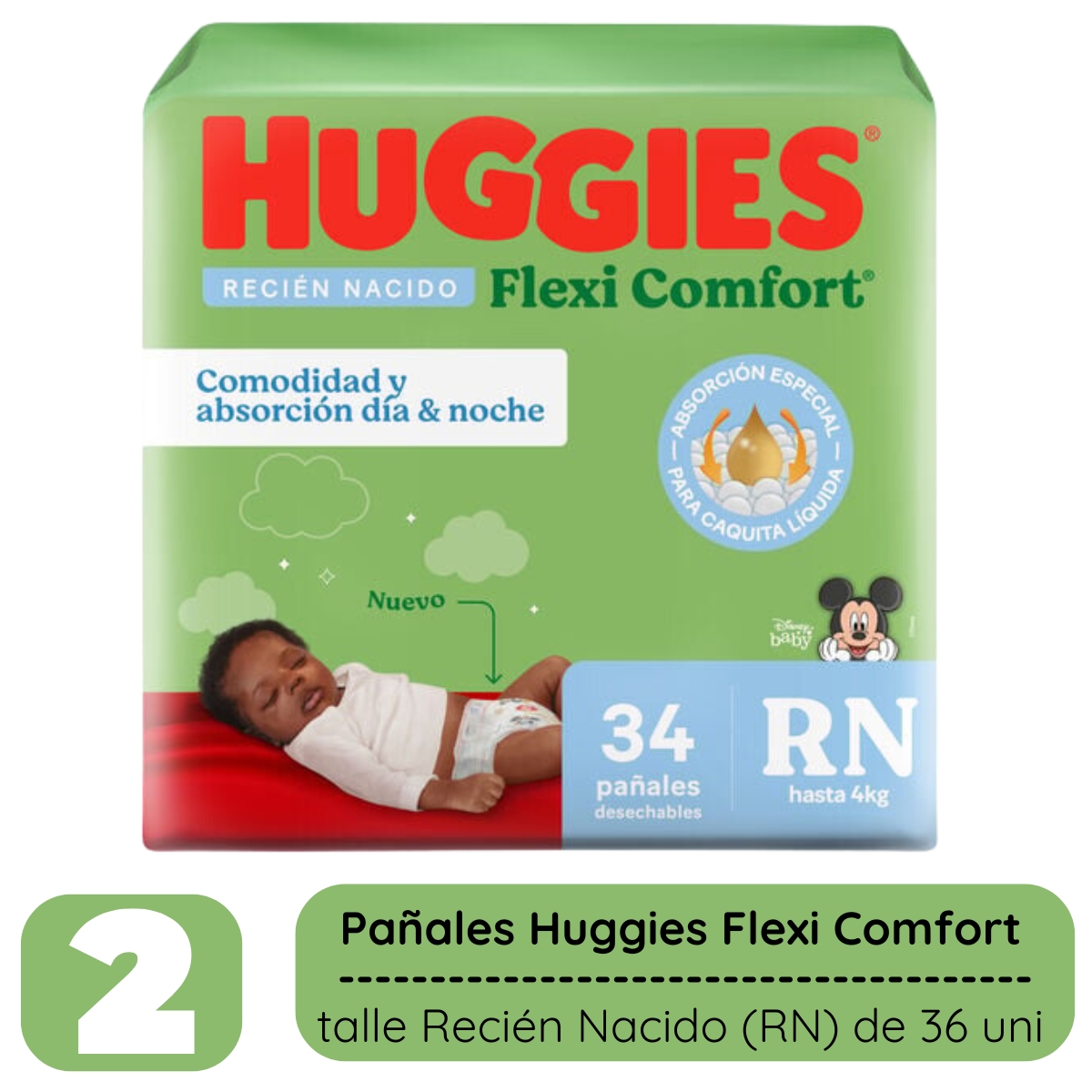 Imagen 6 de 6 de Combo 2 Pack Huggies Flexi Comfort Recien Nacido Rn 68 unidades Xtra Flex