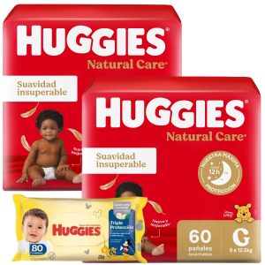 combo 2 pañales huggies natural care + toallitas humedas triple proteccion