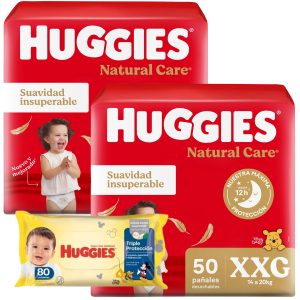 combo 2 pañales huggies natural care + toallitas humedas triple proteccion