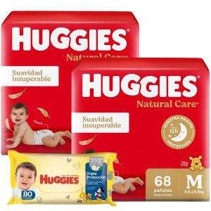 combo 2 pañales huggies natural care + toallitas humedas triple proteccion