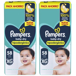 SET 2 PACK PAMPERS BABYDRY TALLE XG 58 UNIDADES